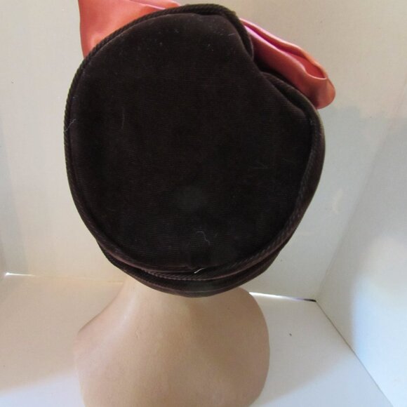 SALE Vintage Bucket Hat Brown Velvet Copper Satin Bow main image 7